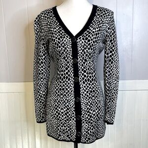 black and white snakeskin patterned cardigan sweater by Isaac Mizrahi